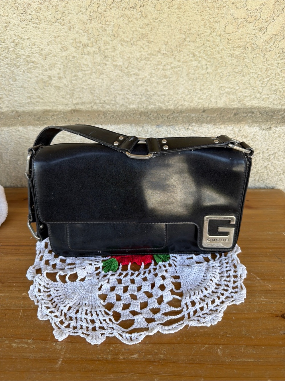Guess Black Leather Messenger Bag with G Emblem